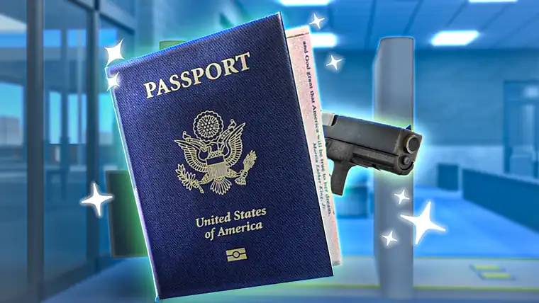 A US passport and a handgun laid out on the secondary inspection counter